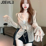 Huibaolu Perspective Cardigan V-neck Long Sleeve Chiffon Shirt Women's Thin Loose Lace-up Tops Summer Casual Chic Sunscreen Coat