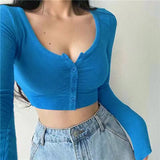 Huibaolu White Long Sleeve Crop Top Women Y2K Sexy Skinny Night Club Short T-Shirt Female 2024 Summer Thin Button Knitted Blouse