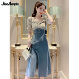 Huibaolu Women's Cotton Square Neck Denim Stitching Long Dress 2024 Summer New Slim Bow Skirt Female Clothing Korean Elegant Dresses