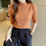 Huibaolu Autumn and Winter New Mid-sleeve Knit Half-turtleneck Undershirt Women's Thin Slim Sweater Women's Puff Sleeve Top