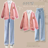 Huibaolu Women's Autumn Winter Loose Sweater Coat+Shirt+Jeans Three Piece 2024 New Matching Set Korean Elegant Cardigan Denim Pants Suit