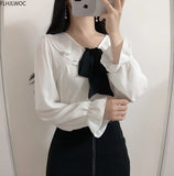 Huibaolu Tie Tops 2024 Summer Cute Sweet Preppy Style Girls White Ruffled Shirt Elegant Korean Chic Women Tops Flhjlwoc Blouse