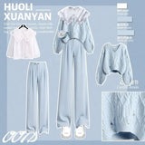 Huibaolu Autumn/Winter New Matching Set Women's Loose Sweater Shirt Wide Leg Pants Three Piece Korean Elegant Pullover Trousers Suit