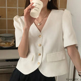 Huibaolu Chic Korea Design Korea Style High Street Womens Fashion Cute Elegant Office Lady Button Notched Short Coats Blazer Jackets