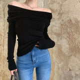 Huibaolu Shoulder Knitwear Jumper Korean Fashion Design Long Sleeve Top Ladies Chic Sweater Women Spring Sexy Skinny Bottoming Shirt