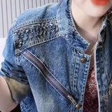 Huibaolu Fashion Street Jean Jackets For Women 2024 Designer Stylish Denim Coat Women's Diamonds Beaded Zipper Patchwork Short Jacket