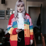 Huibaolu Spring Harajuku Knit Cardigan Women Striped Rainbow Sweater Coat Female Loose Sweaters Letter Embroidery Jumper Cardigans