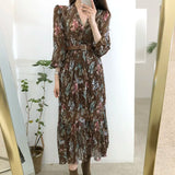 Huibaolu Temperament Dress Women Korean Style Casual Date Wear New Year Cute Slim Waist Floral Printed Chiffon Vintage Dresses Long