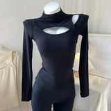 Huibaolu Turtleneck Thin Velvet Blouse Women's Sexy Hollow Out Long Sleeve T-shirt Autumn Bottoming Shirts Korean Lining Y2k Tops