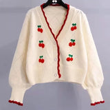 Huibaolu 2024 Winter New Knitted Cardigans Women Korean Button Up V Neck Cherry Sweaters Woman Sweet Patchwork Short Cardigan Tops