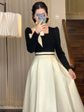 Huibaolu Hepburn Women Dresses Spring Korean Fashion Chic Square Collar Bow Long Sleeve Vestidos Patchwork Prom A Line Dress New