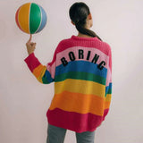 Huibaolu Spring Harajuku Knit Cardigan Women Striped Rainbow Sweater Coat Female Loose Sweaters Letter Embroidery Jumper Cardigans