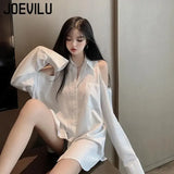 Huibaolu Off Shoulder Shirt Women's Loose Fitting Mid Length Niche Design Tops Summer French Style Thin Top Korean Casual Blouses