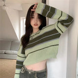 Huibaolu Y2K Street Sweaters Women Korean Style Striped Cropped Sweater Female Autumn Long Sleeve O-Neck Knitted Pullovers Tops