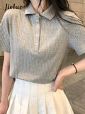 Huibaolu Solid Color Women's T-shirt Short Sleeve Turn-down Collar Korean Basic Tops Summer New Gray Apricot Black T-Shirt