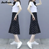 Huibaolu Summer New Short-sleeved T-shirt Chiffon Polka Dot Skirt Two-piece Set Women's All-match White Top Black Midi Skirts Suit