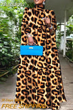 Huibaolu Elegant Women Leopard Long Sleeve Loose Floor Length Long Maxi Dress Fashion Sexy Party Chic Evening Dresses Vestidos