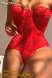 Huibaolu Red Valentine's Day Fetish Lingerie Lace Corsets Outfits Off Shoulder Tops Underwear G-String Luxury Sexy Intimate