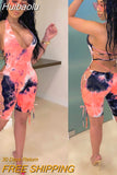 Huibaolu Women Short Jumpsuits Rompers Playsuits Halter Sleeveless Tie-dye Print Street Sexy Night Club Party One Piece Outfits