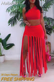 Huibaolu Tassel Bodycon Maxi Long Midi Skirts Set for Women 2023 Summer Sexy Party Club Beach Crop Top Matching Two 2 Piece Set