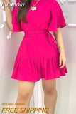 huibaolu Ruched Half Sleeve Casual Dress Women Solid Round Neck Slim Waist Flare Mini Dress