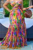 Huibaolu Elegant Women Spaghetti Strap Cutout Waist High Waist Big Swing Fit and Flare Maxi Long Dress 2023 Beach Sexy Boho Dress