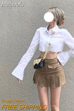 huibaolu Women Fashion Streetwear Two Pieces Outfits Irregular Sexy Crop Tops Shirts Sweet High Waist Pleated Mini Skirts Korean Ins