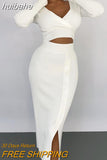 huibahe Deep V Neck Dress Sets Women Long Sleeve White Crop Tops Side Split Midi Skirt Set Bodycon Casual Cardigan Suit Female