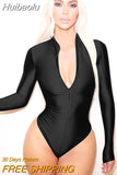 Huibaolu Fall Fashion Solid Skinny Jumpsuit For Women 2023 V Neck Long Sleeve Bodysuit One-pieces Club Outfit Black Bodysuit Female