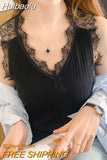 Huibaolu Sexy V Neck Lace Knitted Shirt Vest Women Summer Black Slim Ice Sleeveless Blouse Casual Fashion Office Lady Tops 25380