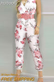 huibaolu Print Sleeveless Pocket Design Backless Jumpsuits With Belt