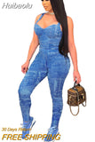 Huibaolu Women Cut Out Fake Jeans Print Jumpsuit Sexy Sleeveless Skinny Active One piece Overall Bodycon Romper Outfit Playsuit