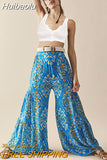 Huibaolu New Boho Print High Waist Belted Beachwear Loose Pants Summer Vacation Women Clothing Beach Wear Swim Suit Cover Up A1150