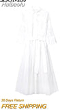 Huibaolu TRAF Women 2023 Chic Fashion With Belt Button-up Midi Shirt Dress Vintage Long Sleeve White embroidery Female Dress