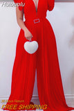 Huibaolu Elegant Mesh Patchwork Pleated Wide Leg High Waist V-neck Flare Sleeve Women Jumpsuit 2023 Summer Party Playsuit Overall