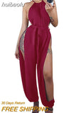 huibaolu Sleeveless Side Slit Halter Rompers Women Jumpsuits Solid Slim Party One Piece Overalls Clubwear