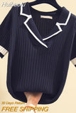 Huibaolu Summer Knitted Sweater Women Casual Korean Jumpers Short Sleeve Vintage Pullovers Loose Black White Knitwear M050