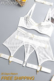 Huibaolu Four-Piece Set Erotic Lingerie Transparent Bra Kit Push Up See Through Lace Langerie Mesh Seamless Underwear Garters