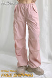 Huibaolu Bandage Elastic Waist Cargo Pants Pink Aesthetic Casual Sweatpants Straight Wide Leg Baggy Trousers 100% Cotton Outfit