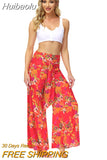 Huibaolu New Boho Print High Waist Belted Beachwear Loose Pants Summer Vacation Women Clothing Beach Wear Swim Suit Cover Up A1149