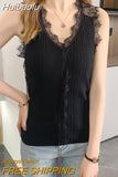 Huibaolu Sexy V Neck Lace Knitted Shirt Vest Women Summer Black Slim Ice Sleeveless Blouse Casual Fashion Office Lady Tops 25380