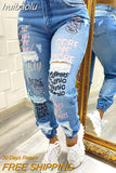 huibaolu Print Slant Pocket Ripped Jeans Women Casual Denim Pants