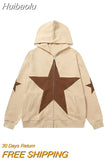 Huibaolu Zip Up Hoodie Jacket Y2K Grunge Vintage Star Patch Punk Gothic Loose Hooded Sweatshirt Coat Harajuku Cotton Streetwear