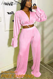 Huibaolu Summer Fashion 2 Two Piece Sets Outfits Women Long Sleeve V Neck Crop Top Flared Pants Pink Casual Matching Sets 2023