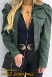 huibaolu Pocket Button Pleated OL Coat Tops Women Full Sleeve PU Turn Down Collar Slim Leather Jacket