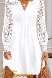 Huibaolu Mini Dress Women White Elegant Dress Female Lace Hollow Out Long Sleeve Dress Ladies Fashion Casual O Neck Button Dress