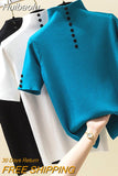 Huibaolu Summer Casual Knitted Button Sweater Women Turtleneck Short Sleeve Slim Solid Womens Sweaters Ladies Pullovers Tops Female