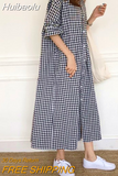 Huibaolu Women Summer Sundress Elegant Long Shirt Dress Lapel Neck Short Sleeve Plaid Work Dress Casual Maxi Dress Beach Ropa Mujer