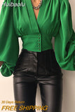 Huibaolu 2023 V Neck Fashion Green Blouse Shirt Women Elegant Long Puff Sleeve Black 2023 Autumn Spring Casual Sexy Top Office Lady