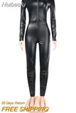 Huibaolu Fall Sexy Solid Faux Leather PU Bodycon Jumpsuits Club Outfits Women 2023 Long Sleeve Zip Up One Pieces Women Clothing